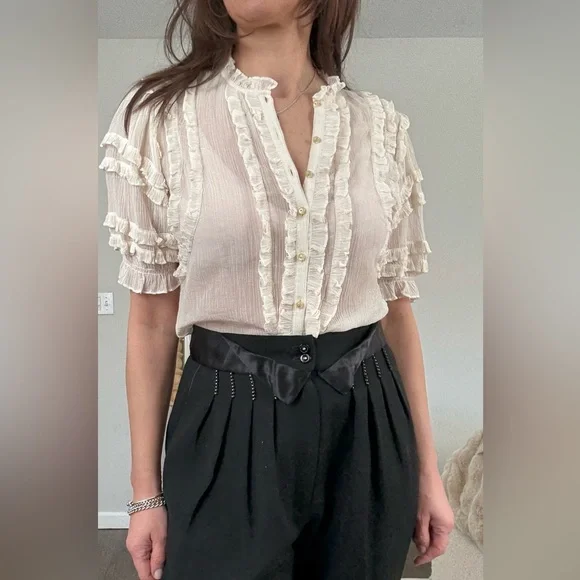 Rebecca Taylor Ivory Ruffle-Trim Button Blouse - Picture 1 of 10
